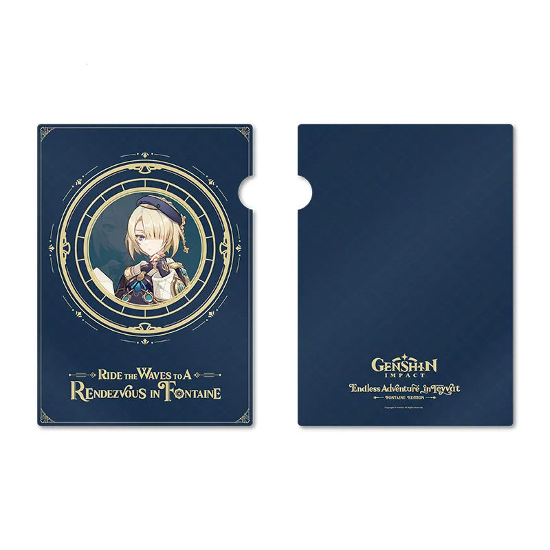 Freminet-themed PP folder from the Fontaine Art Exhibition Series, featuring a portrait of the diver in an ornate gold circular frame on a deep navy blue background, with the slogan “Ride the Waves to a Rendezvous in Fontaine” and Genshin Impact branding on the back.