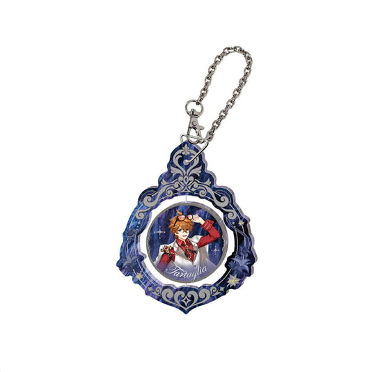 This keychain shares the same frame and chain design as Image 1. The central badge features Tartaglia from Genshin Impact, shown with short orange hair, wearing a red-and-white formal outfit, and raising one hand. His name "Tartaglia" is printed below the artwork. The design conveys an elegant yet vibrant aesthetic.