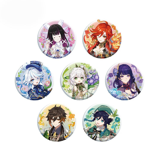 Genshin Impact Anniversary Celebration Series Pins – 6 circular tinplates featuring multiple game characters with floral accents & character names, part of fan collection set.