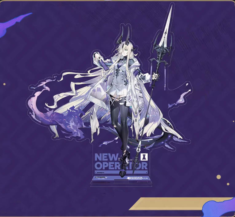 Acrylic standee of Dusk from Arknights, featuring her ethereal white and purple cosmic-themed combat outfit with a sleek spear, displayed against a deep purple background with a blue "NEW OPERATOR" base.