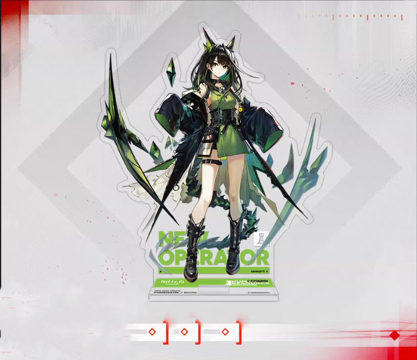 Acrylic standee of Mon3tr from Arknights, featuring her striking green and black plant-themed combat outfit, displayed against a light gray geometric background with a green "NEW OPERATOR" base.