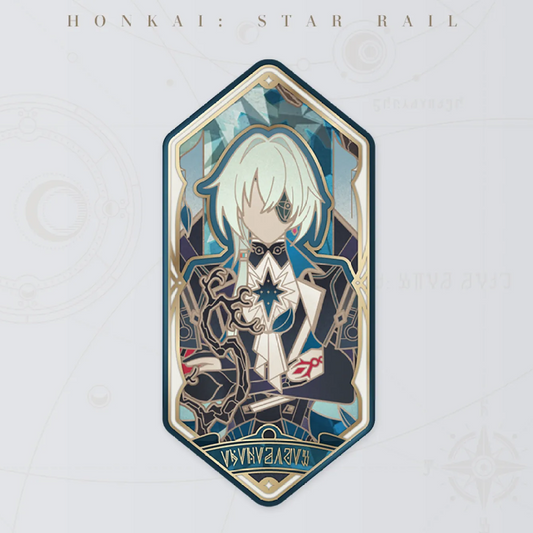 This bookmark showcases Firefly from Honkai: Star Rail, with a sophisticated stained glass design of deep teal, black, and white enamel. The hexagonal metal build and gold accents create a sleek, artistic piece for marking pages or display.