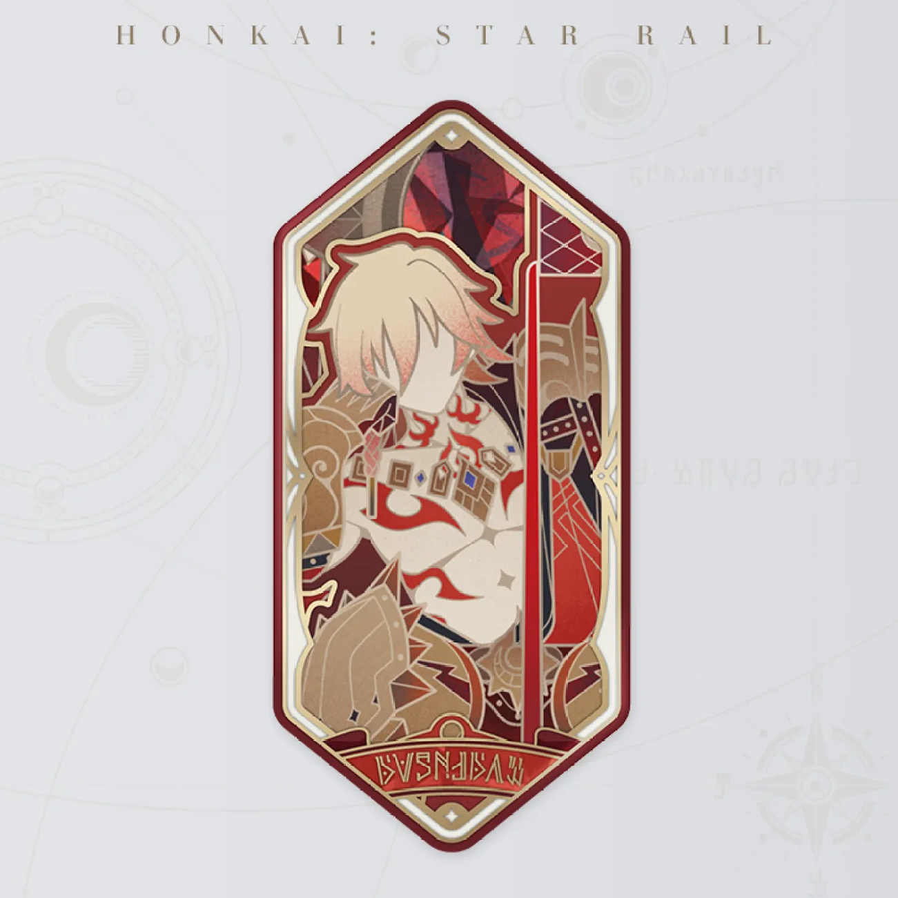 Featuring Sushang from Honkai: Star Rail, this hexagonal bookmark uses a bold stained glass effect with red, gold, and cream enamel.