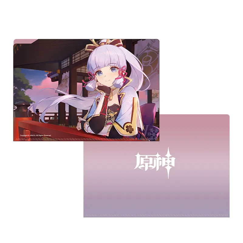 Genshin Impact Offline Exhibition Series double-layer folder featuring Kamisato Ayaka in a serene Inazuma setting on the front, and a subtle Genshin Impact logo on a gradient pink back, displayed on a light beige background.