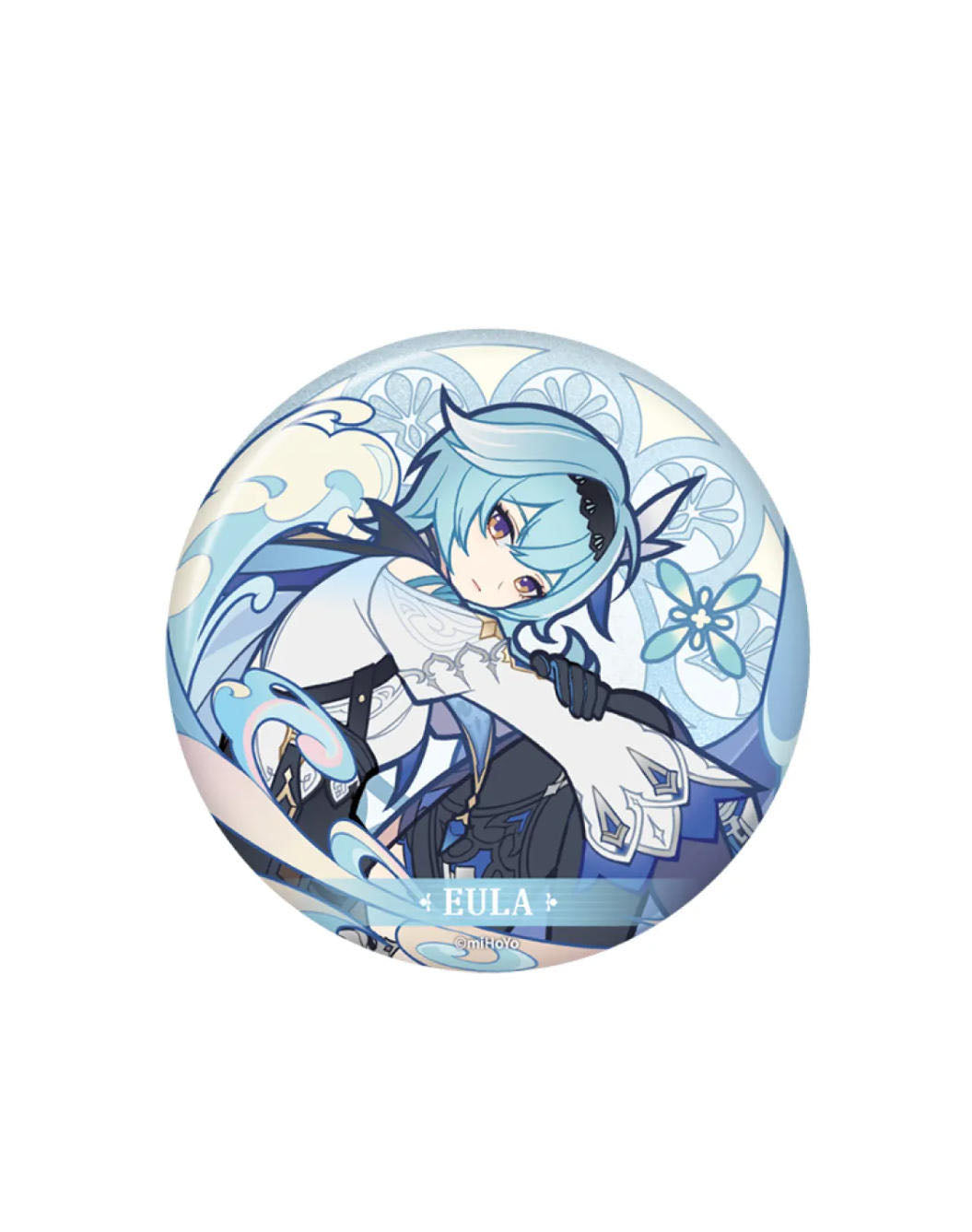 This Genshin Impact badge features a full-art illustration of Eula, with her light blue hair and elegant outfit set against a soft blue floral and wave background, finished with a shimmering silver foil effect.