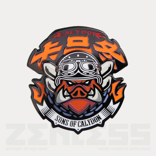 Zinc alloy pin featuring the Sons of Calydon faction emblem from Zenless Zone Zero, with vibrant enamel filling and a secure butterfly clutch backing