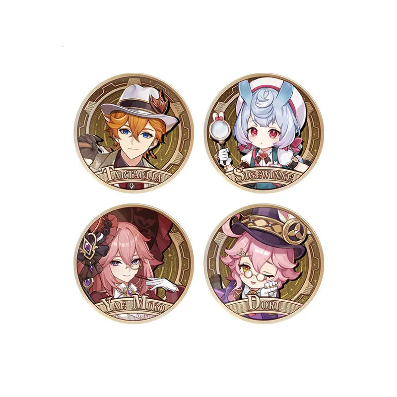Four Genshin Impact Carnival Gathering Series pins, featuring Tartaglia, Sigewinne, Yae Miko, and Dori in festive, carnival-themed chibi-style illustrations, displayed on a plain light beige background. Each pin has an ornate gold border with intricate details.