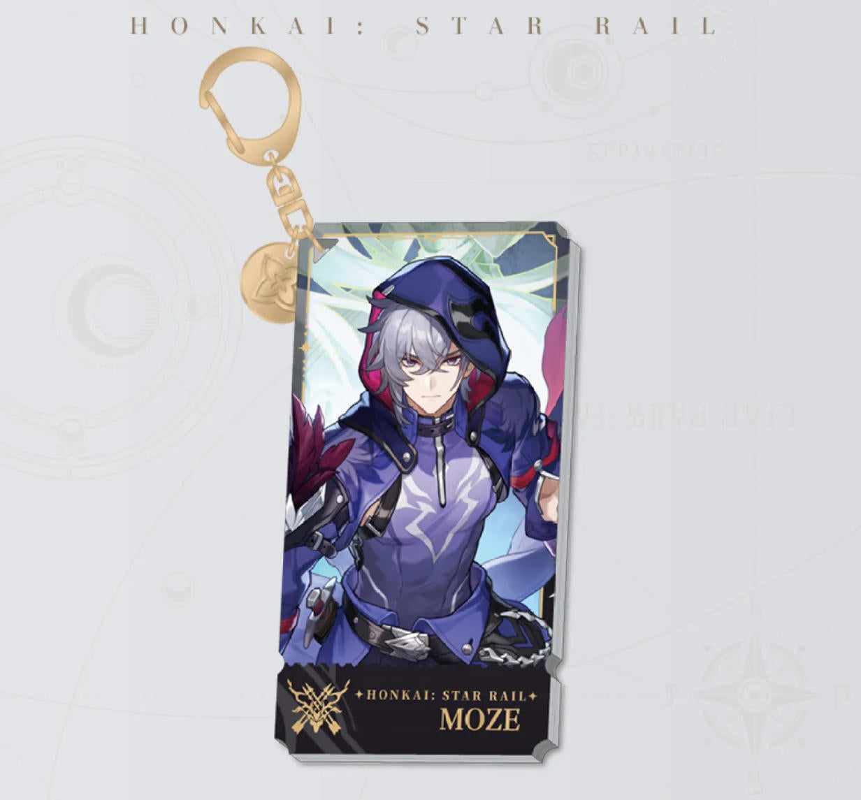 This Honkai: Star Rail acrylic keychain features Moze in a sleek, hooded combat outfit, with a golden clasp and chain, set against a vibrant purple and white backdrop.