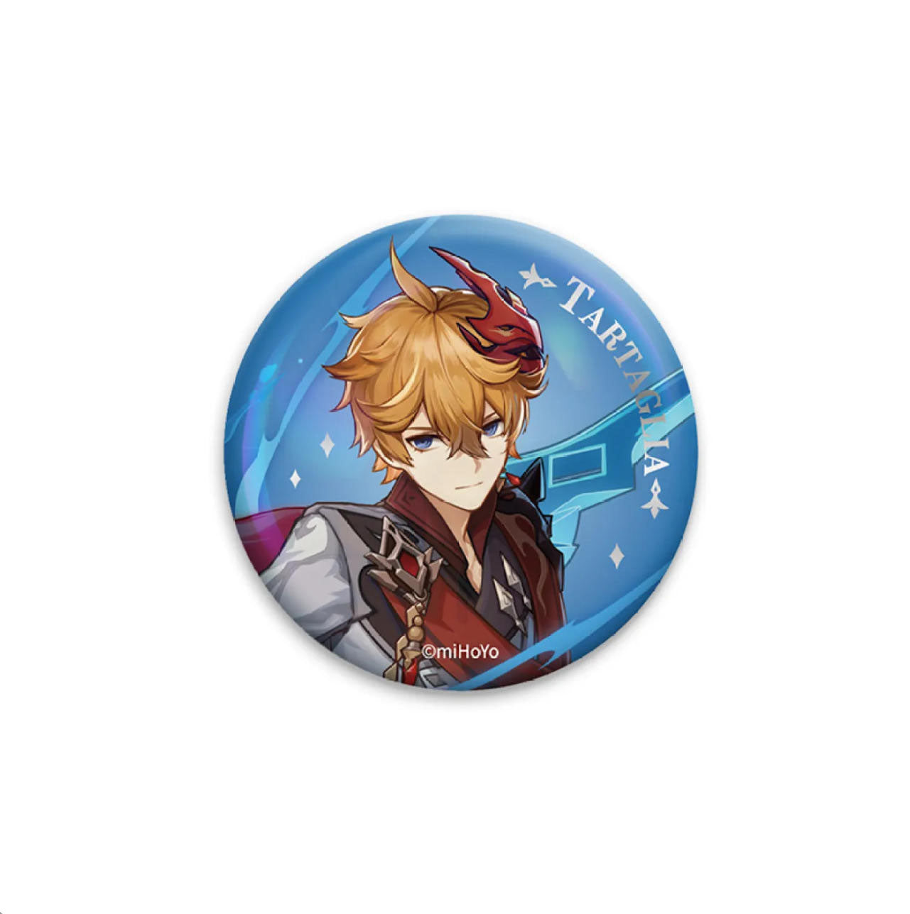 Spiky ginger hair, a red mask accessory, and a confident gaze. He wears his black-and-red Fatui Harbinger outfit, set against a dynamic blue background with “TARTAGLIA” printed on the side.