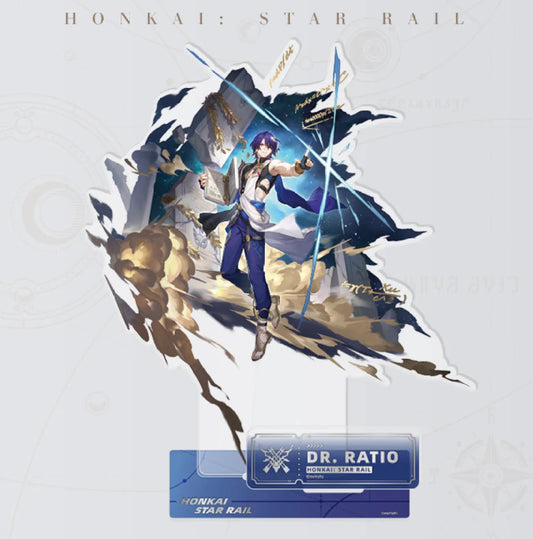 This standee showcases Dr. Ratio, the erudite strategist, in a commanding stance. His indigo hair and confident gaze are framed by a backdrop of golden scrolls and blue energy blades that slice through the air, symbolizing his sharp intellect and tactical prowess. The warm gold and cool blue color palette creates a striking contrast, highlighting his balanced blend of wisdom and power. His nameplate rests on a sleek blue base.