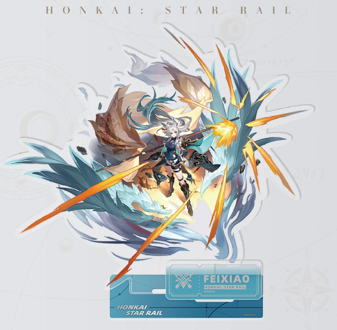This standee depicts Feixiao, the swift Hunt Path warrior, in a breathtaking aerial assault. Her silver and teal hair trails behind her as she strikes forward, releasing a devastating burst of blue and golden energy that resembles a phoenix’s wings. The dynamic, feather-like energy effects convey her incredible speed and precision, while the warm, glowing center of the attack underscores her immense power. Her nameplate is set on a cool teal base.