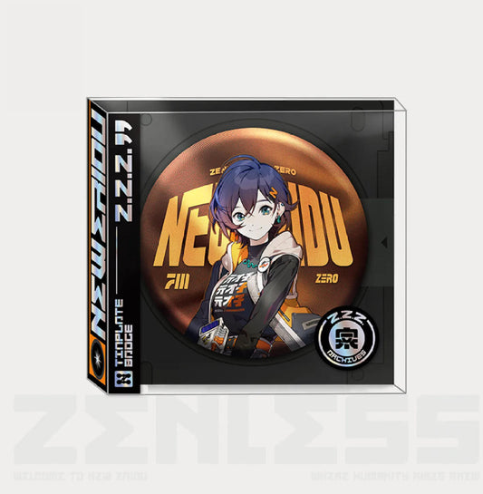 This is a packaged tinplate badge from Zenless Zone Zero. It features an anime-style female character with short, dark purple hair and a white and black jacket with orange details.