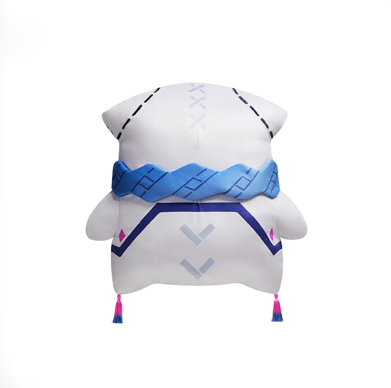 This Genshin Impact Citlali plush pillow is shown from the back, featuring its signature blue braided scarf, subtle geometric patterns, and tassel details, made from soft 100% polyester.