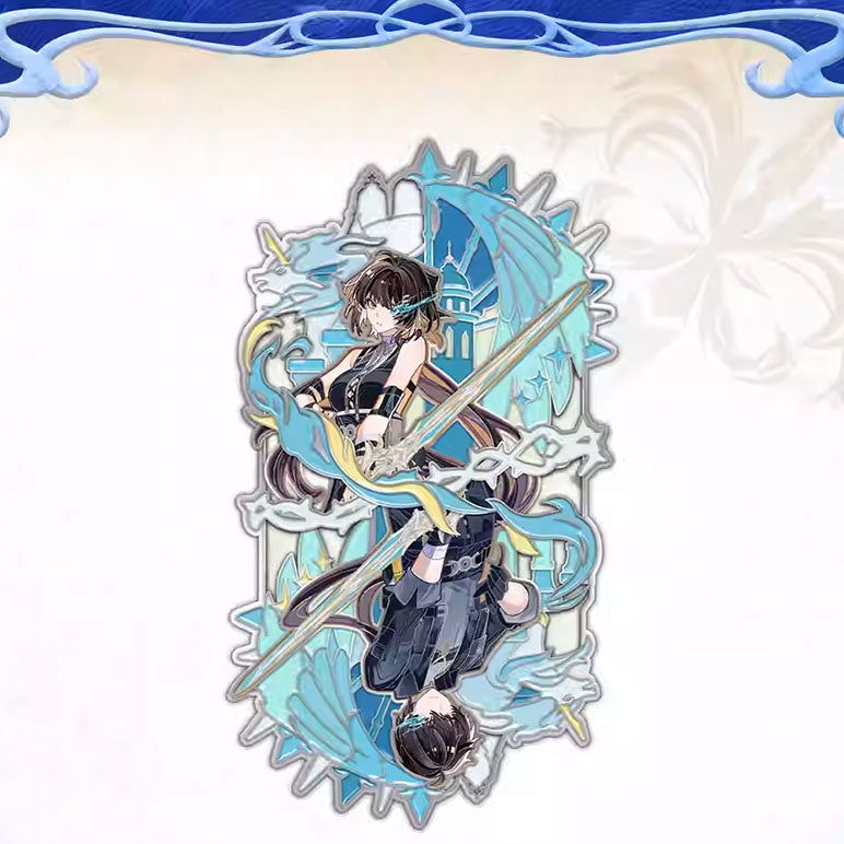 This dynamic metal badge features the Wanderer from Wuthering Waves, showcasing a layered design with vibrant teal and black accents. It captures the character’s combat-ready energy and the game’s fluid, adventurous aesthetic.