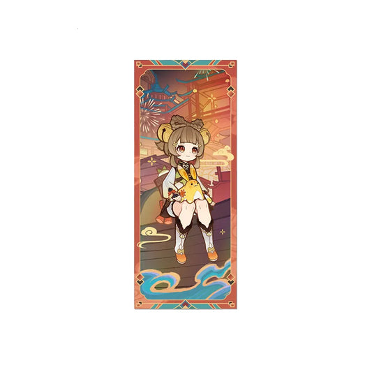 Tall rectangular holographic collectible ticket from the Genshin Impact Colorful Kites Combing The Spring Breeze series, featuring Yaoyao in a festive Lunar New Year design.