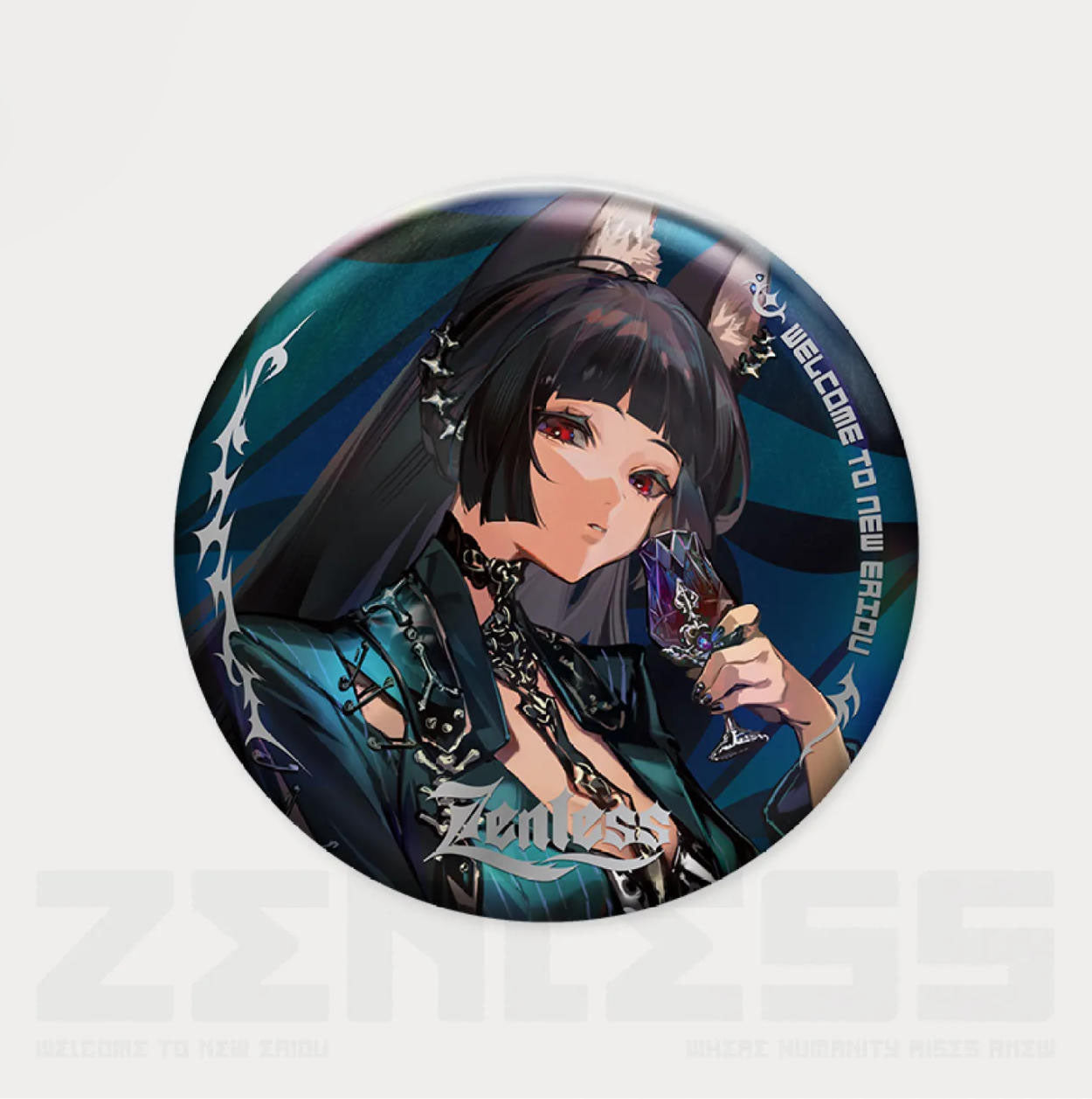 This Zenless Zone Zero badge features Hoshimi Miyabi in a punk-inspired outfit, holding a wine glass against a moody teal and black background with the game’s logo.