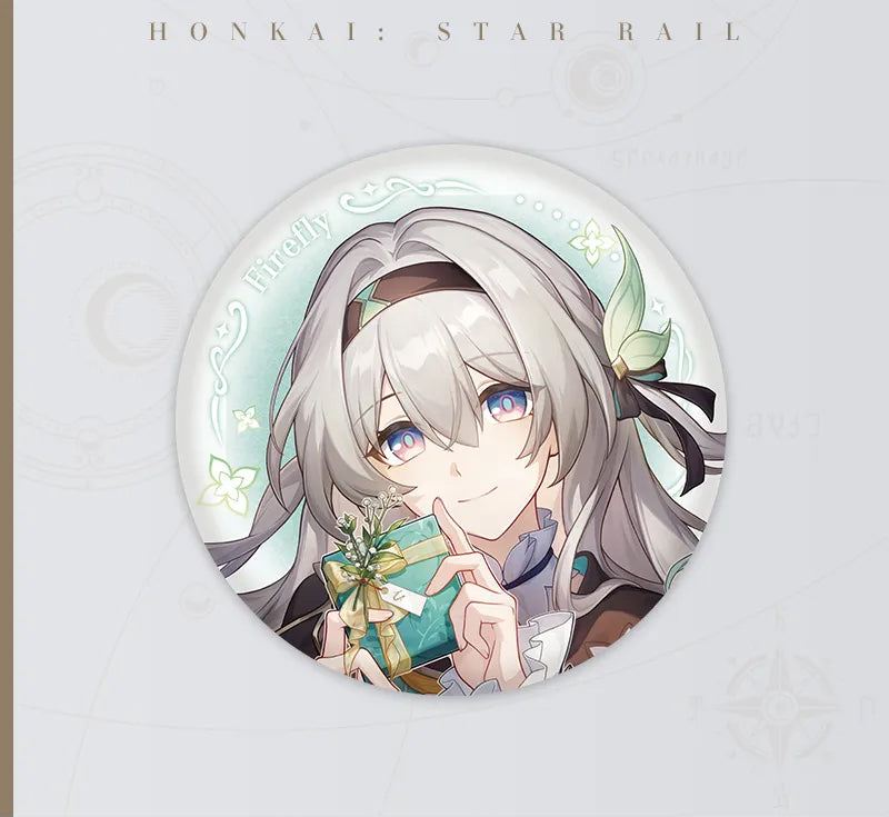 Firefly character pin from the Cosmic Candy House series, featuring her soft silver hair, black hairband with a green butterfly accent, gentle smile, gift accessory, iridescent glitter finish, and name script, set against a clean white background.