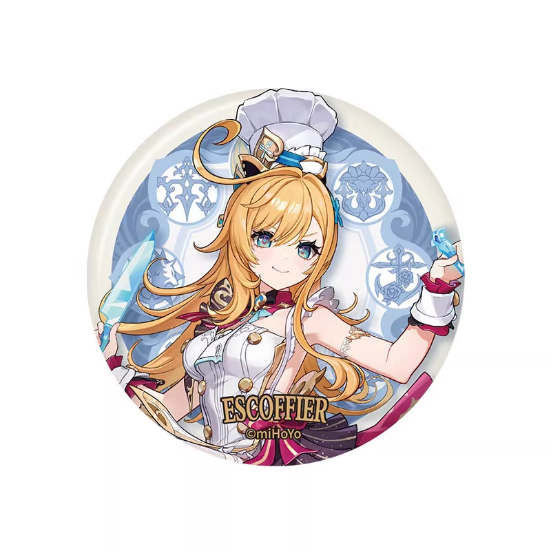 She has long, flowing blonde hair and blue eyes. Wearing a chef's hat and an elaborate outfit, she holds what seem to be ice - like objects in both hands.