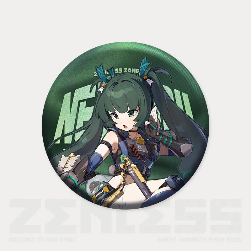 A 75mm tinplate pin featuring Qing Yi from Zenless Zone Zero in her tactical outfit, presented on a deep blue background with a polarized glitter effect. It comes mounted on a black back card printed with ZZZ branding.