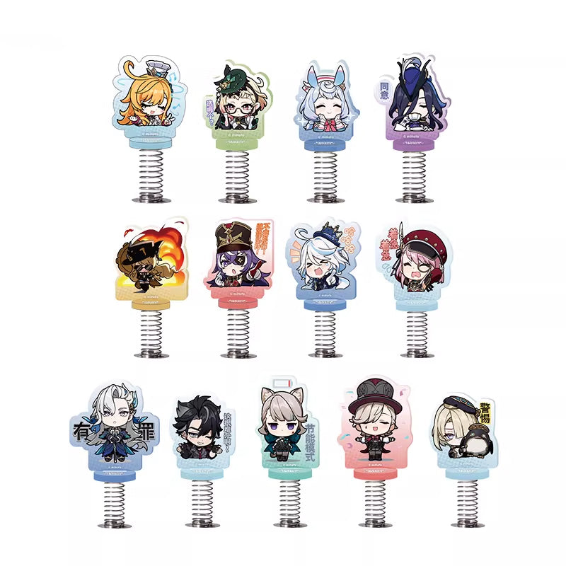 Each figure has unique hair colors (like blonde, silver, black) and outfits, some with hats or accessories. Expressions vary from smiling and winking to serious or tired.