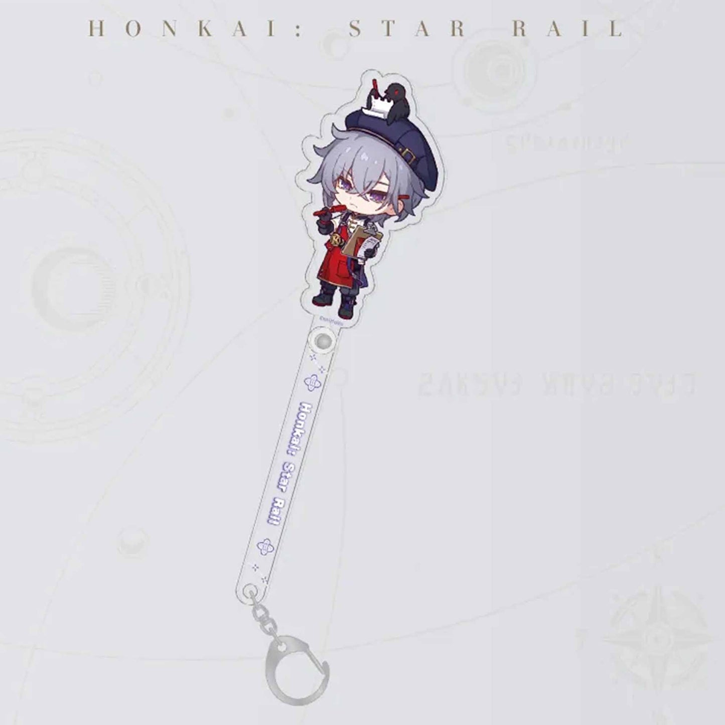 A close-up of Yanqing’s acrylic lanyard keychain, displaying his chibi portrait in a red uniform and cap, paired with a clear printed lanyard and metal keyring.