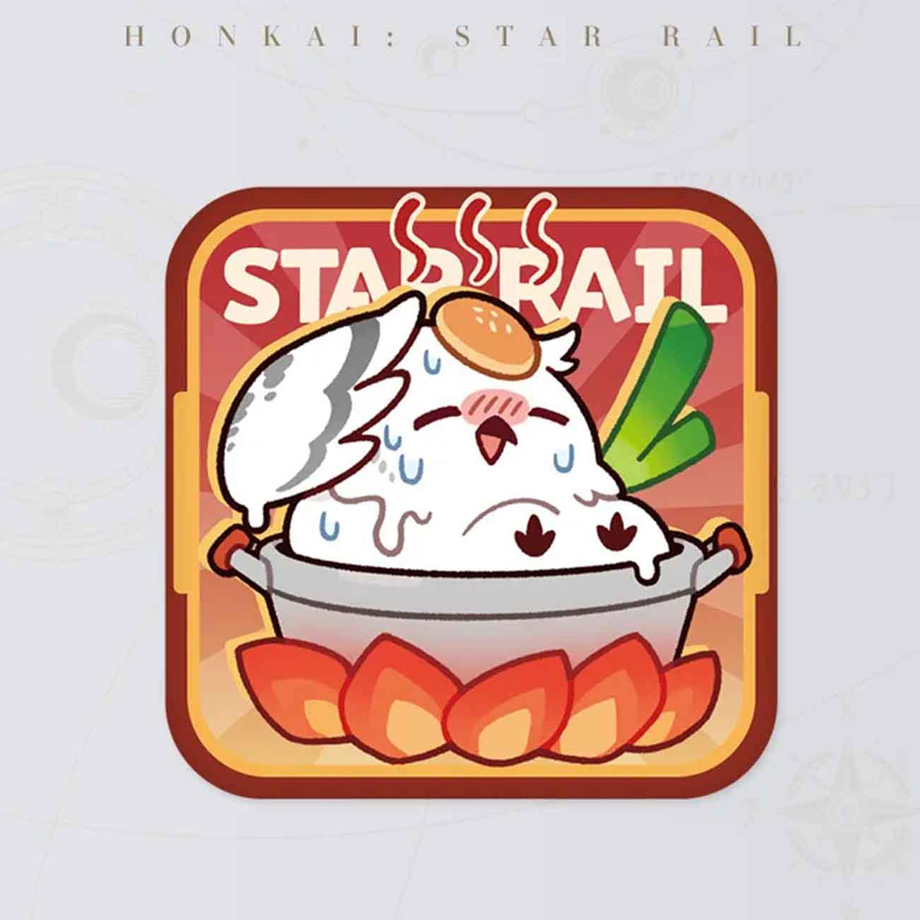 A close-up of a rice-themed badge: A cute rice ball sweats in a steamer, with "STAR RAIL" text and a red-orange background.