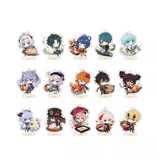 Full collection display of chibi Genshin Impact characters enjoying various dishes, Delicious Party themed acrylic stand series