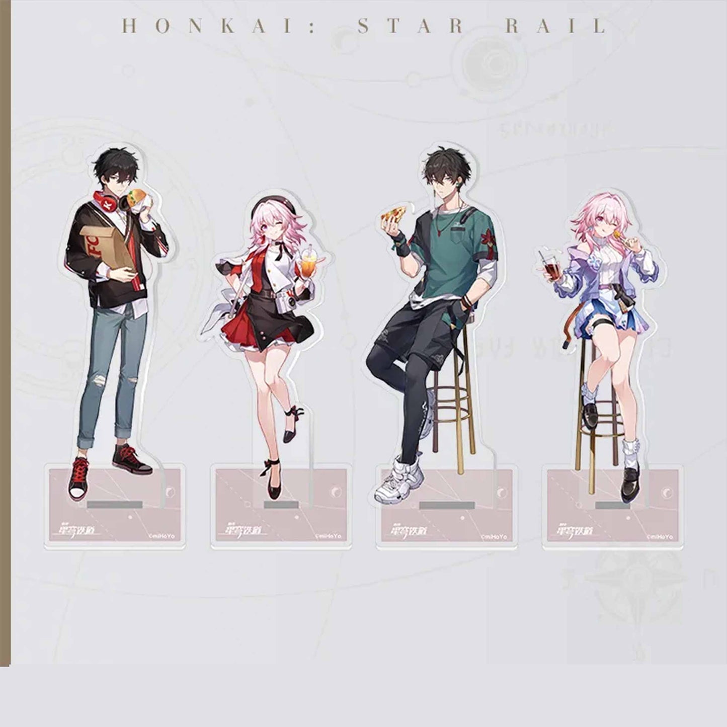 A full set of four Honkai: Star Rail Delicious Voyage acrylic stands, featuring characters Dan Heng, March 7th, and Yanqing in casual dining-themed poses.