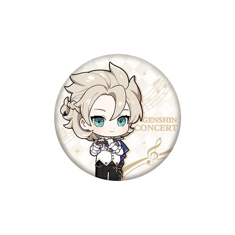 A close-up of a circular chibi character pin from the Worldly Splendor series, featuring a blonde-haired character with teal eyes in a formal black and purple outfit, set against a matte gold background with musical note details and the text CONCERT, displayed against a plain white backdrop.