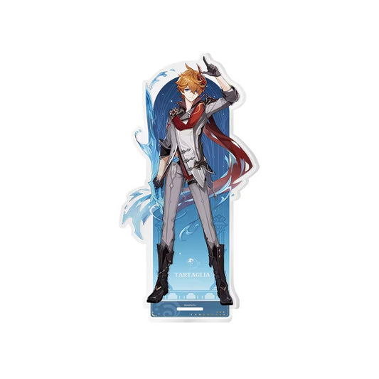 He has orange hair, blue eyes, and is dressed in a stylish gray outfit with a red scarf. He strikes a confident pose with one hand pointing upwards.