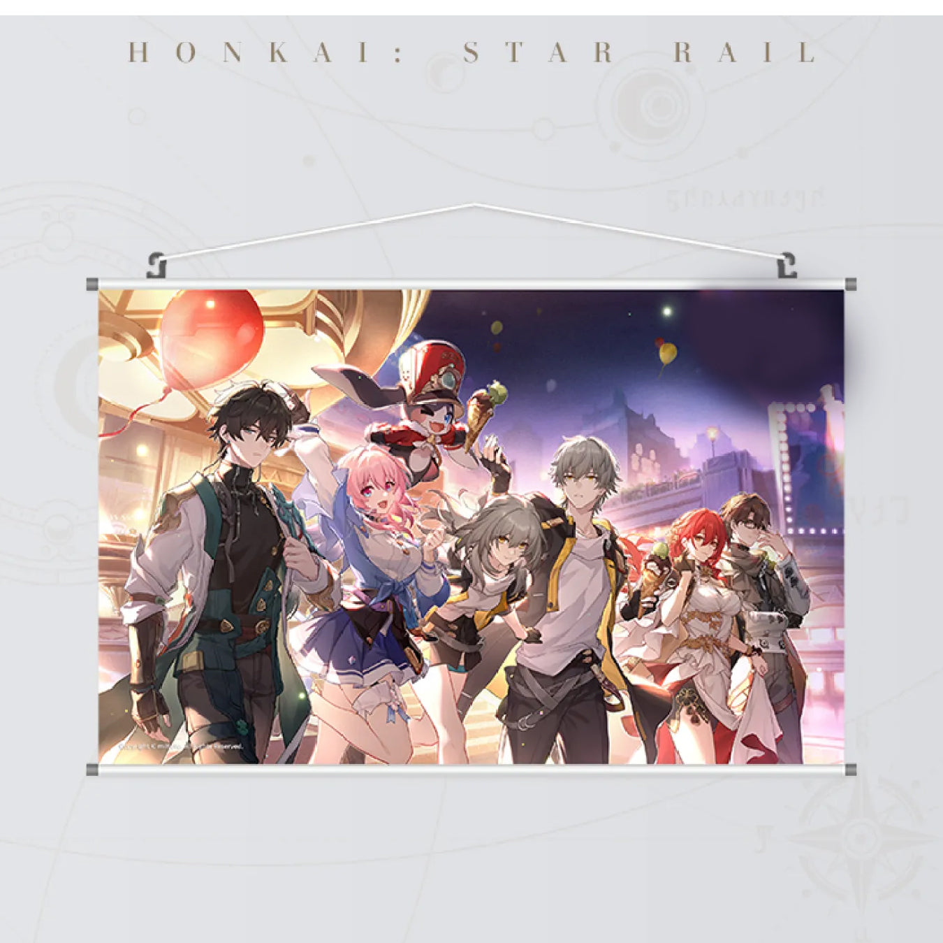 Honkai: Star Rail Festive Gifts Series hanging painting featuring main characters in a festive city scene, made of polyester, collectible for fans.