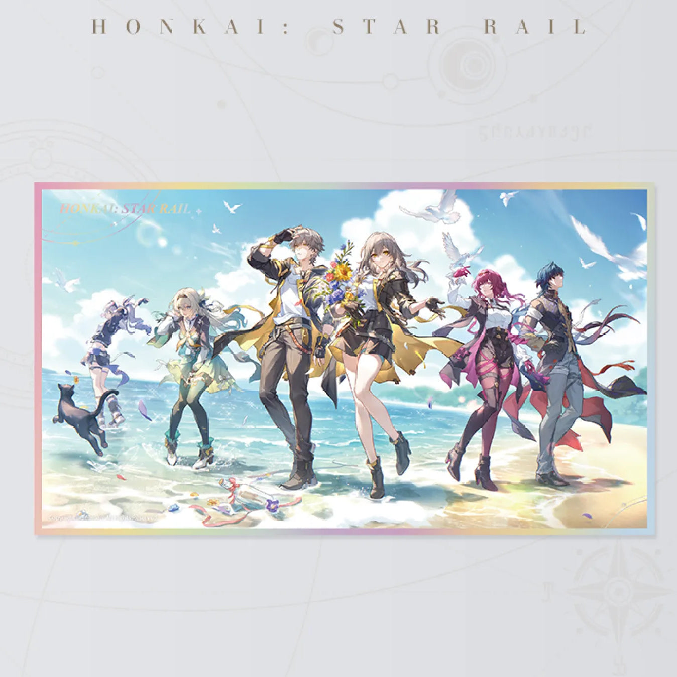 Honkai: Star Rail Festive Gifts Series PET colored paper, featuring main characters celebrating on a sunny beach with a festive atmosphere, artistic collectible for fans.