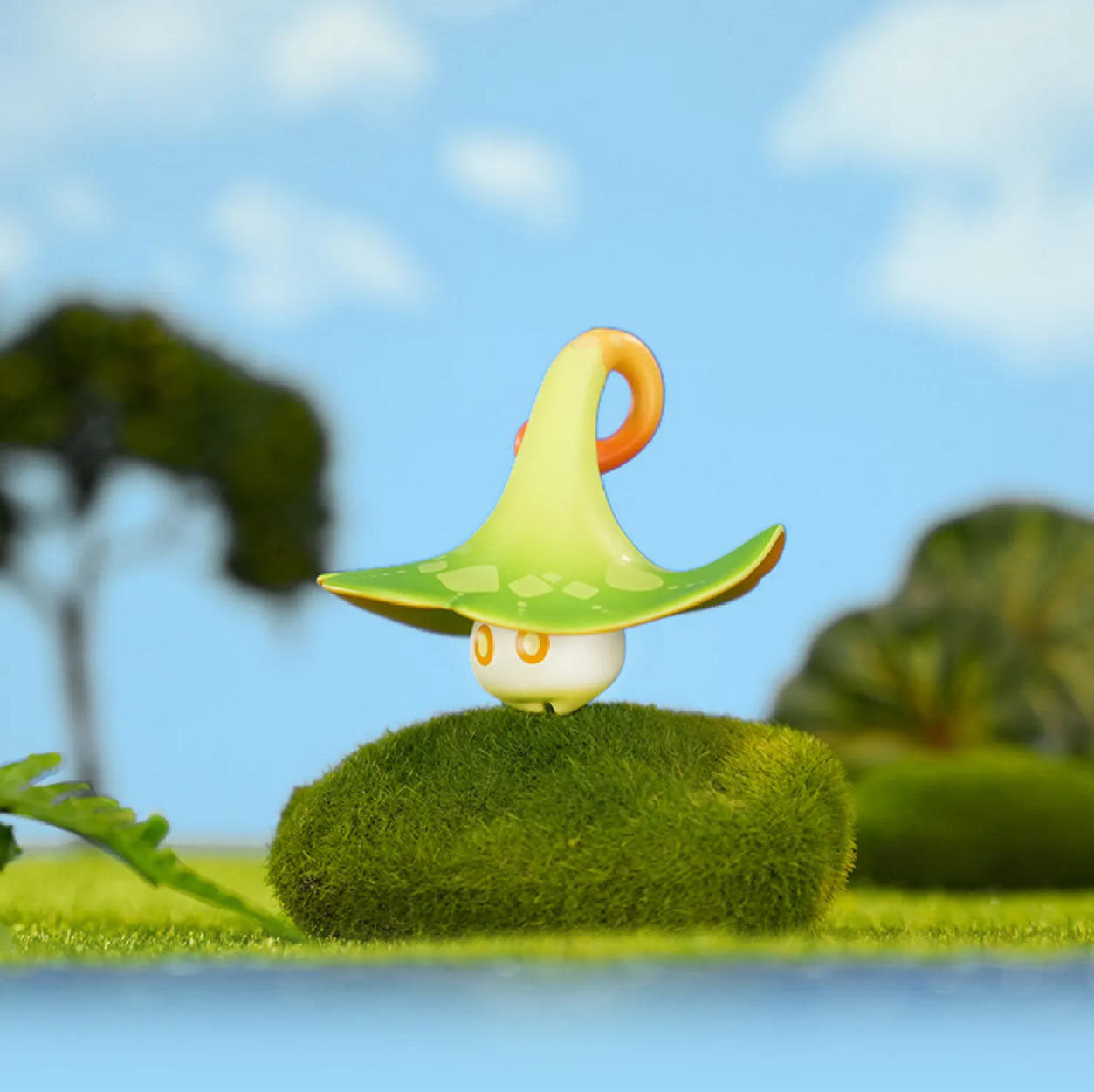 The Aranara figure stands alone on a mossy patch against a sunny sky, emphasizing its whimsical, mushroom-like shape and nature-inspired design.