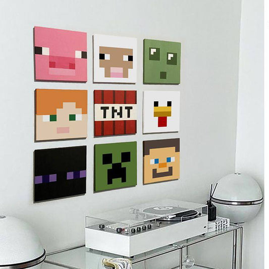 Minecraft wall decor for fans, pixel art character and mob faces displayed as square decorative panels
