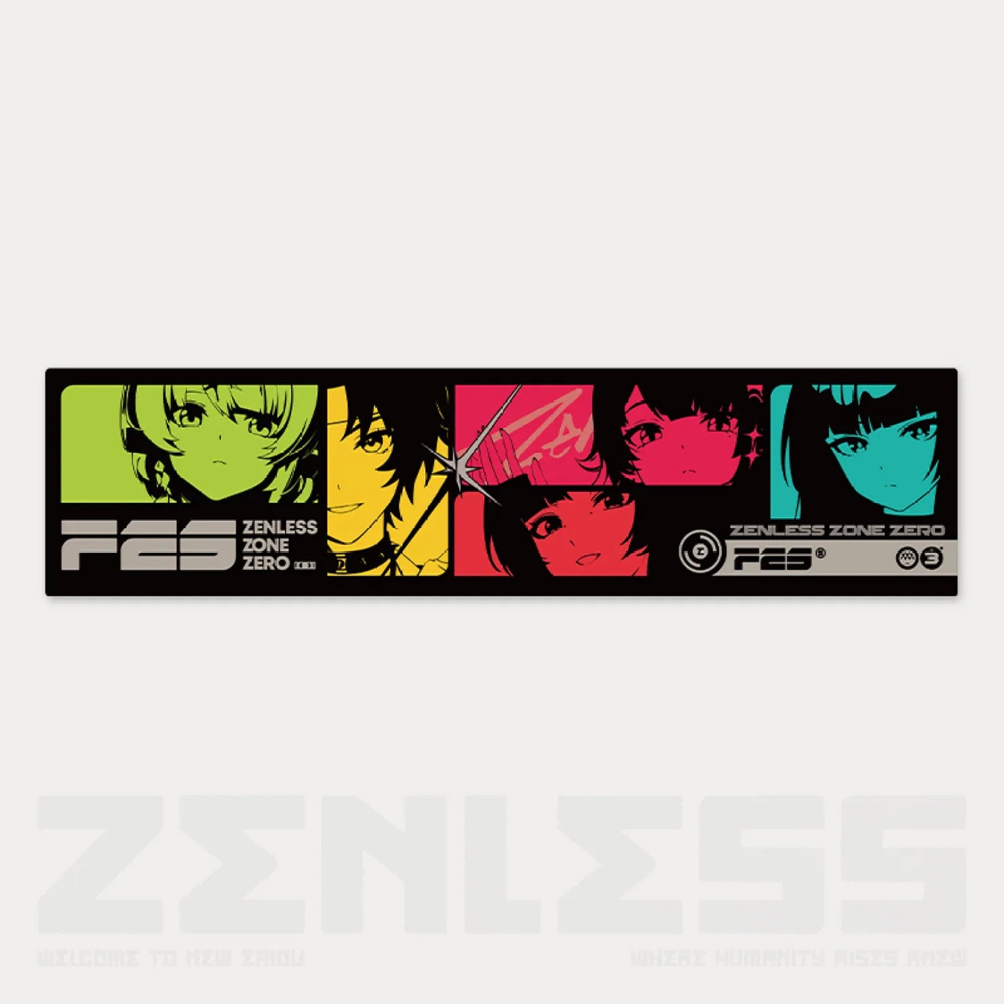 25×100 cm 100% cotton towel from the Zenless Zone Zero Wonderland Sparkling Series, featuring a full-color, multi-character panel with vibrant green, yellow, red, and teal blocks, plus “FES” event branding.