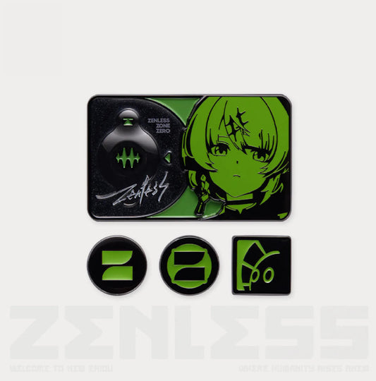 Rectangular metal badge featuring the character Anby (ANBY) against a gradient background with sparkling star effects and with "ZENLESS ZONE ZERO" .