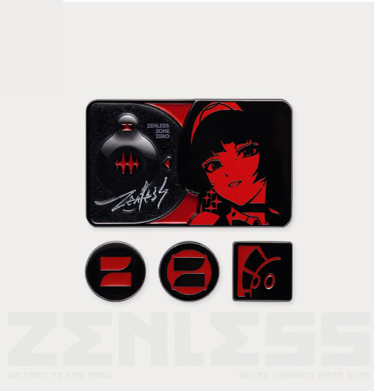 Rectangular metal badge featuring the character Astra (ASTRA) agains a gradient background with geometric line accents and with "ZENLESS ZONE ZERO" .