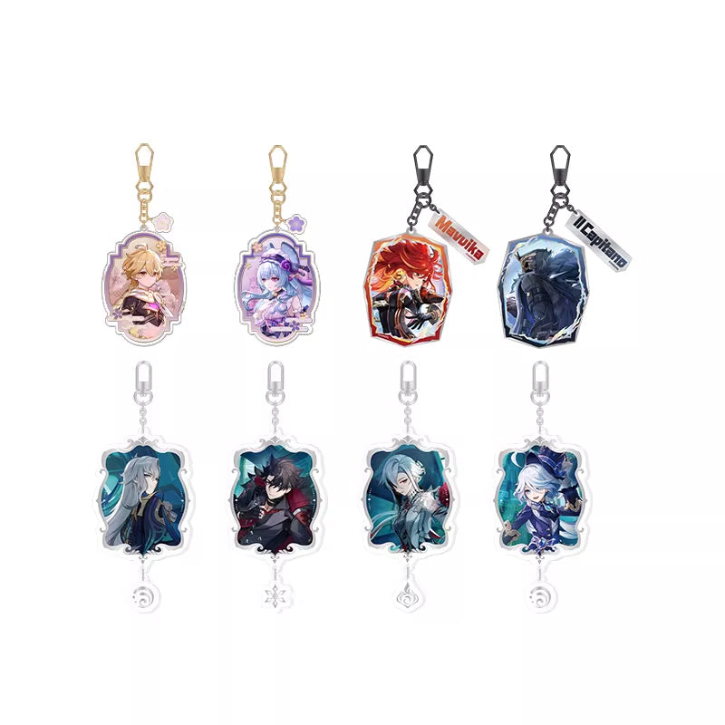 Each keychain has a unique design with different character art, some with decorative elements like tags (e.g., “Mavuika”, “Il Capitano”) or charms at the bottom. The characters have varied hairstyles, outfits, and color schemes, with ornate frames around their images, and they are attached to key rings for easy carrying.