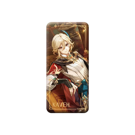 Genshin Impact themed square badges, featuring the character Kaveh, crafted from fine tinplate.The intricate design showcases gold printing with a silver glitter underlay.