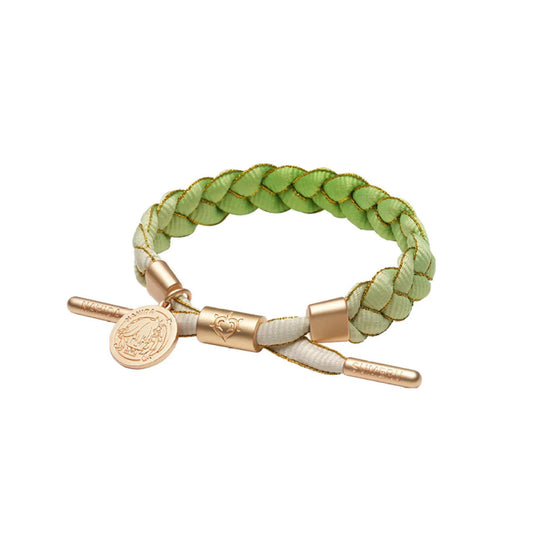 A light green braided bracelet with gold thread accents, rose gold metal fittings, and a character charm. Natural, fresh, and ideal for Dendro or Sumeru-inspired designs.