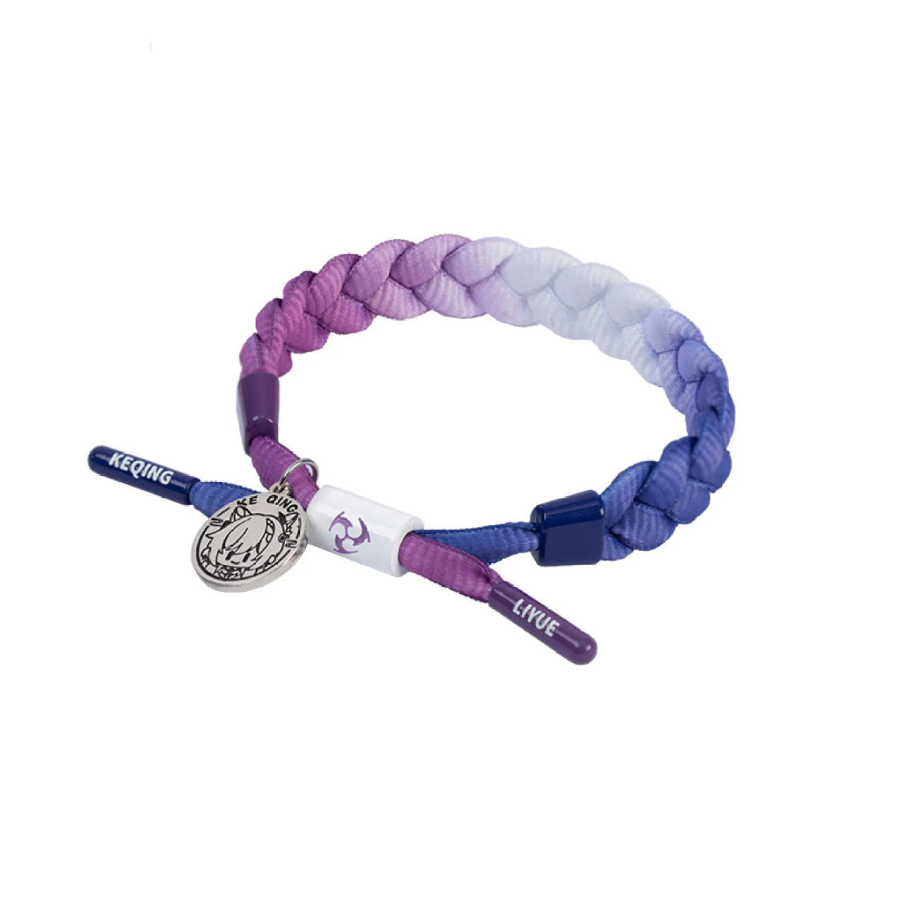 A gradient braid of purple, white, and blue, with white and dark blue accents. Engraved with “KEQING” and “LIYUE,” this is a Keqing-themed piece, reflecting her sharp, Electro-charged personality and Liyue nobility.