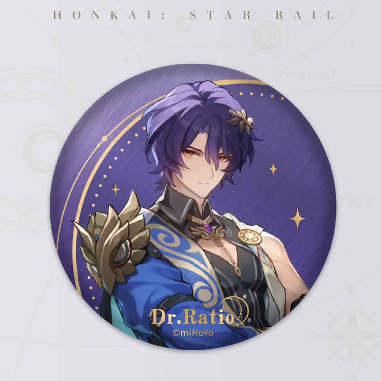 A round tinplate badge of Dr. Ratio from Honkai: Star Rail, featuring his confident portrait on a deep purple background with gold star accents and his name in elegant gold lettering