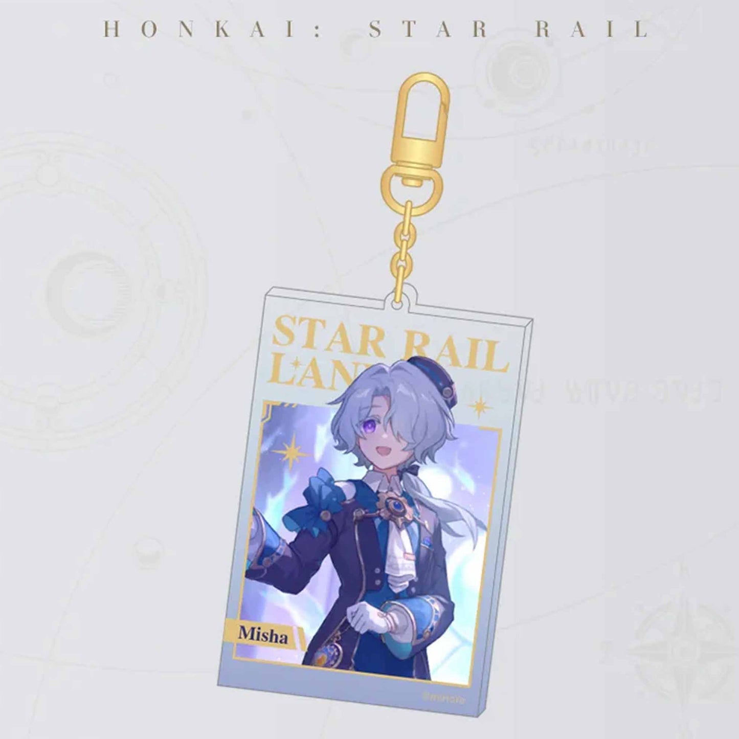 A single Honkai: Star Rail acrylic card keychain with a gold carabiner. It features Misha, with “STAR RAIL LANE” in gold foil and the character’s name at the bottom.