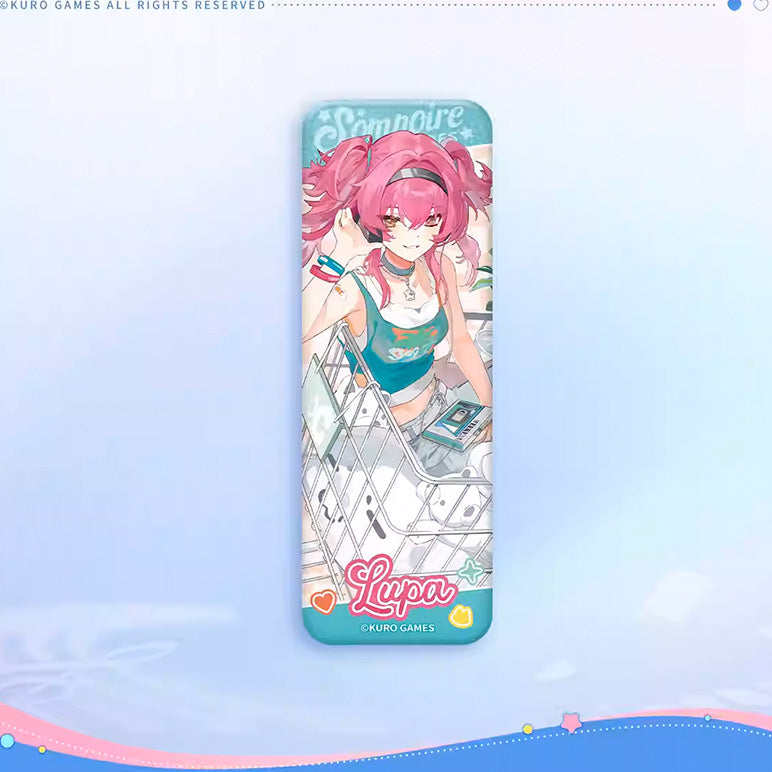 A long tinplate badge of Lupa, featuring her pink twin tails and casual teal top, with her name logo in a heart-accented pink design.