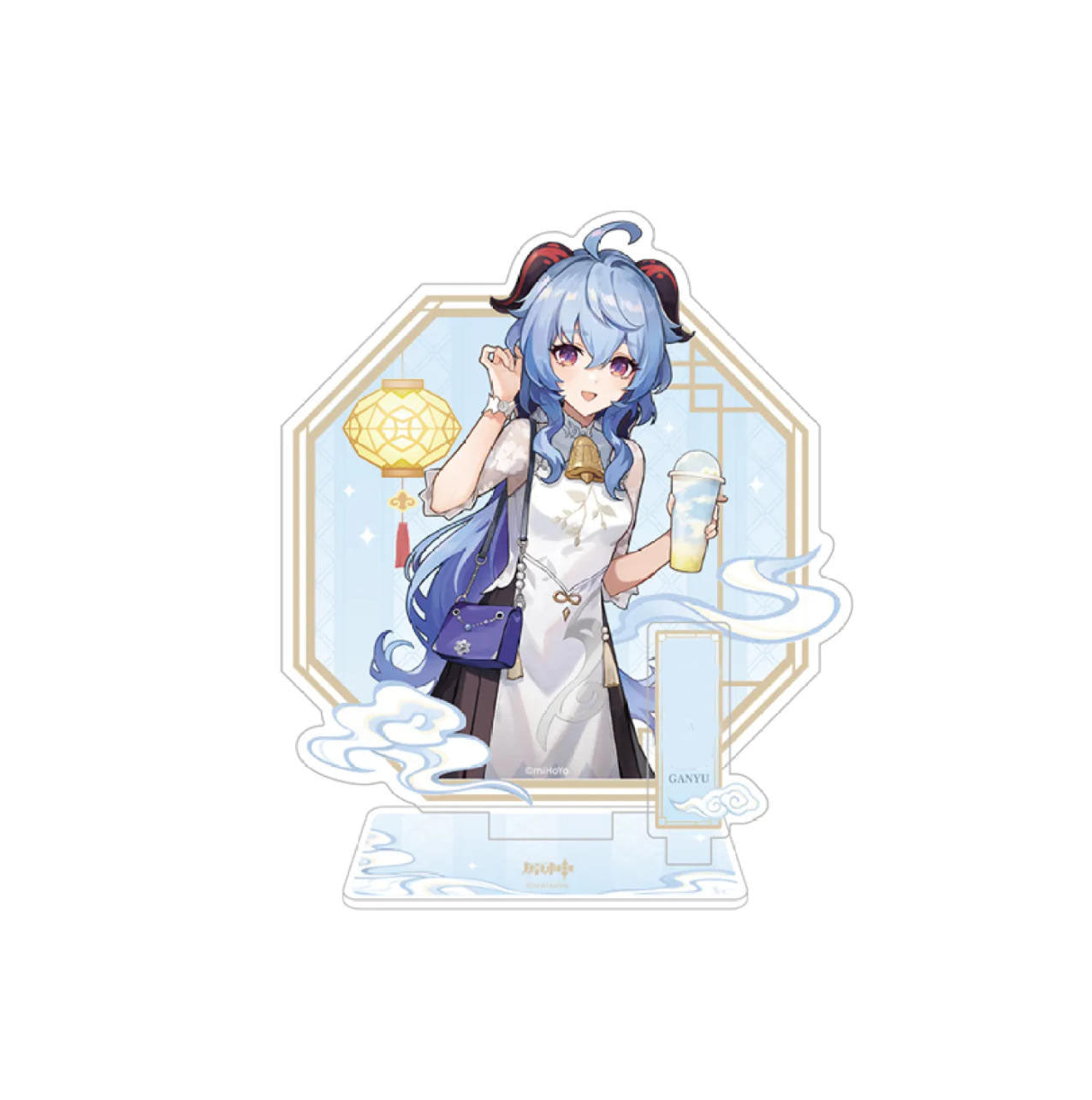 This acrylic stand features Ganyu in a charming apron-style outfit, set against a traditional Chinese backdrop with lantern and cloud motifs, perfect for desk display.