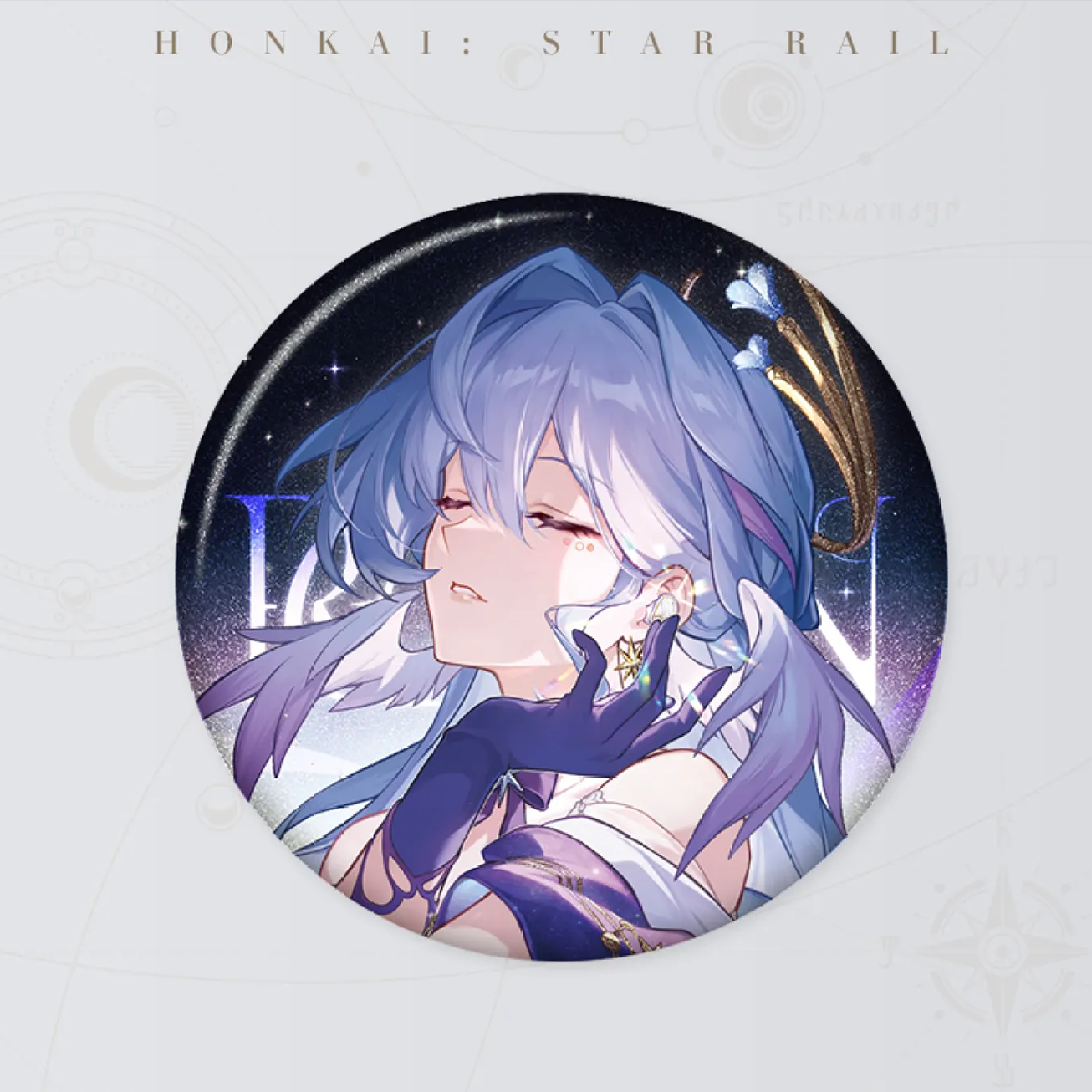 The Herta badge is showcased against a deep blue cosmic backdrop with shooting stars, resting on a reflective golden surface. Its silver glitter base shimmers, complementing Herta’s dreamy, closed-eye expression and flowing purple hair.