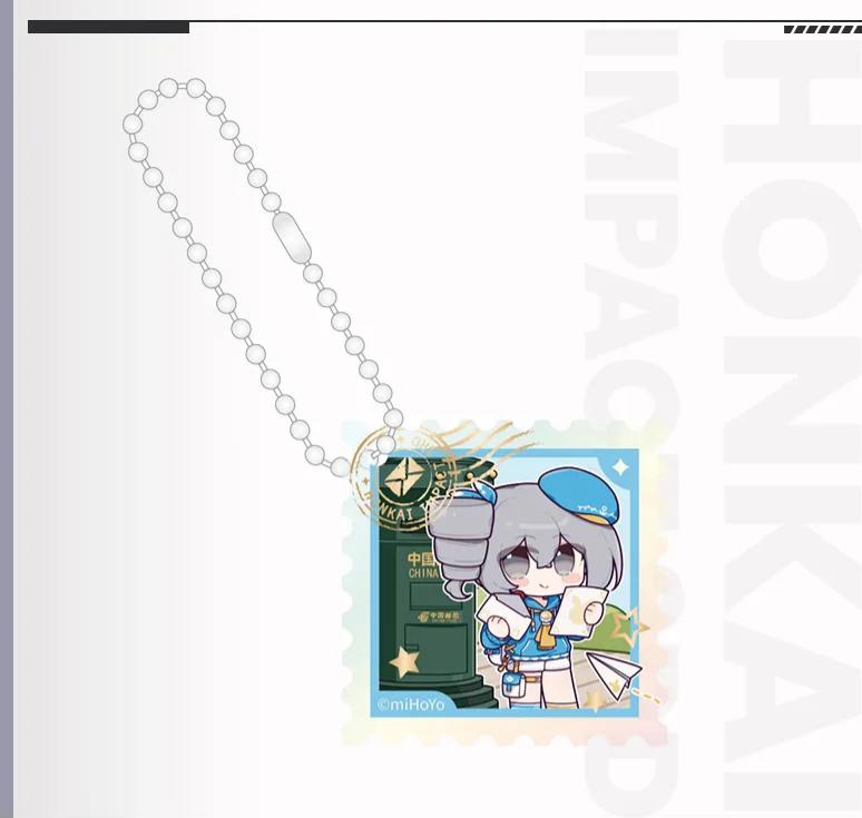Honkai Impact 3 Travel Series Acrylic Pendant - Bronya Version, Q-version stamp design with a blue background and postal-themed illustration, paired with a silver bead chain, exquisitely detailed.