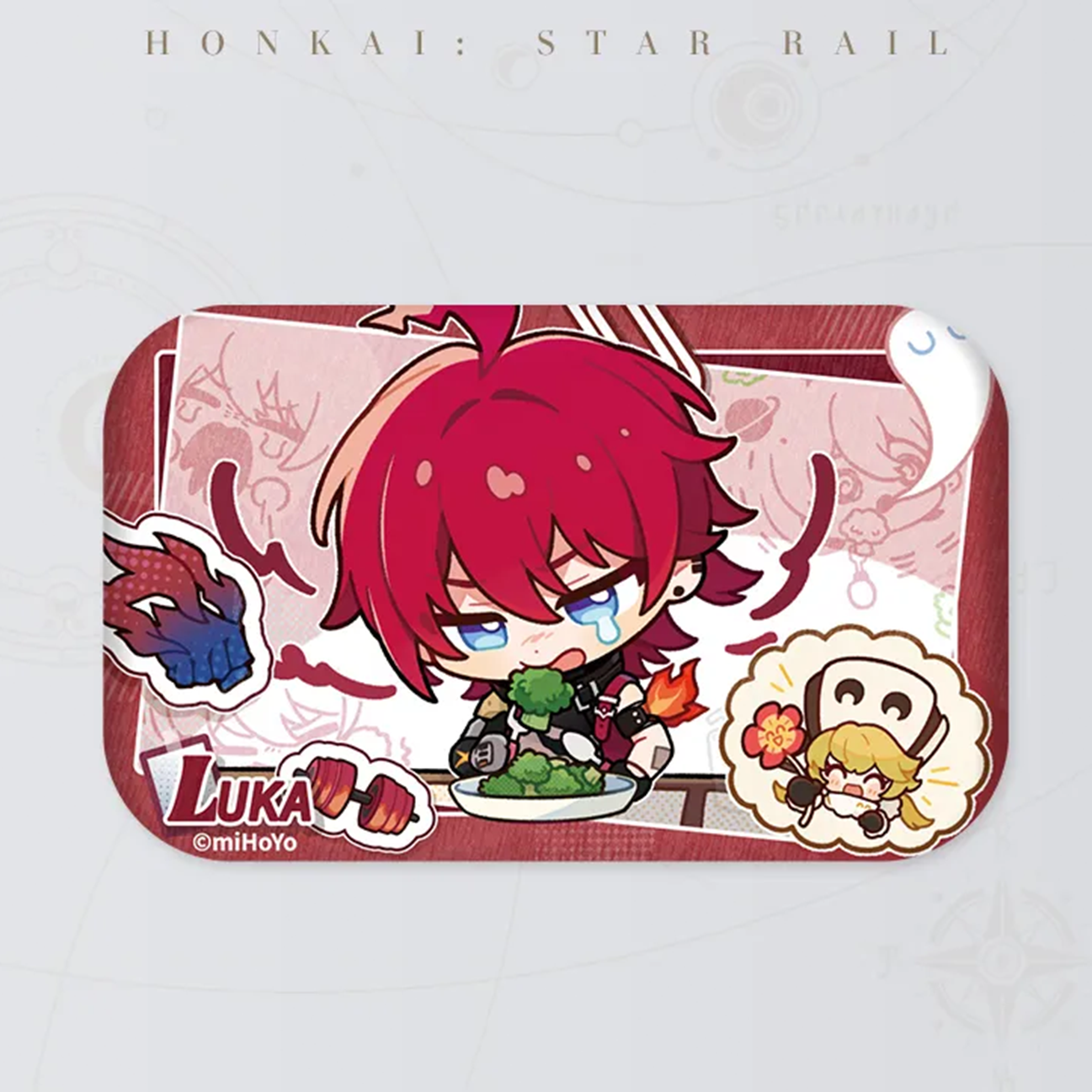 A pouting chibi Luka stares at a plate of broccoli, with a mini chibi Screwllum cheering him on. The playful, red-toned design captures his reluctant reaction to healthy food.
