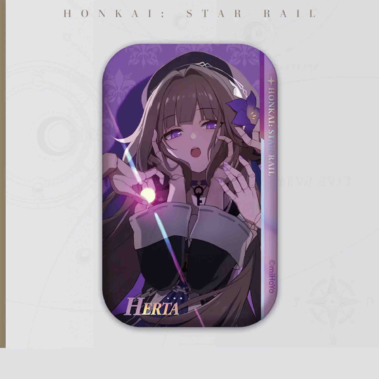 Herta from Honkai: Star Rail holds a glowing pink light. Rich purple and black tones, paired with her playful expression, highlight her whimsical, mysterious charm.