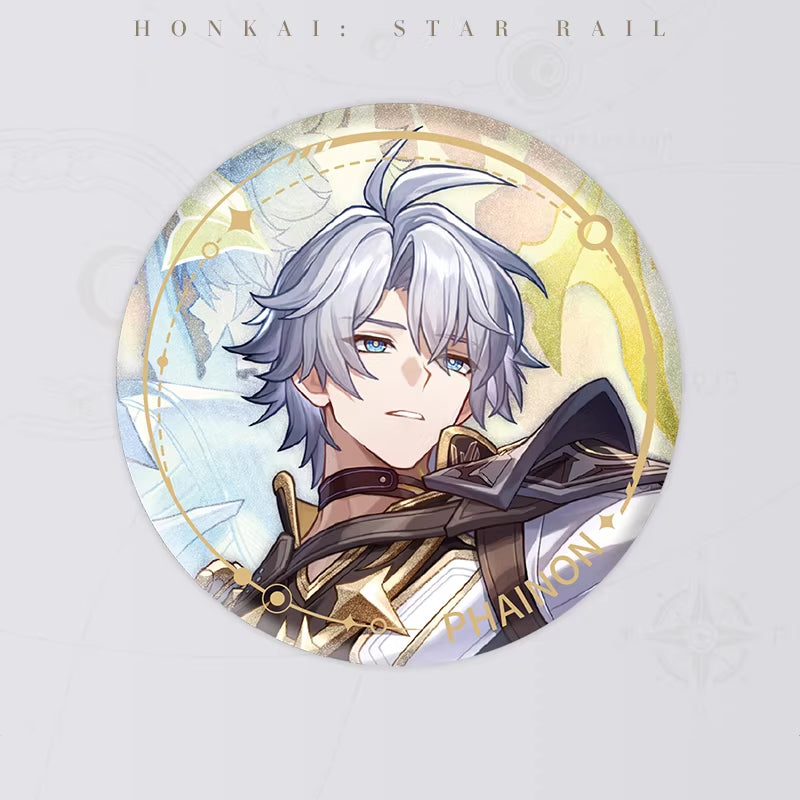 He wears a brown necklace, creating an overall look that is delicate and design-oriented. The background is primarily in soft light tones, adorned with star elements and geometric lines, creating a dreamy atmosphere.